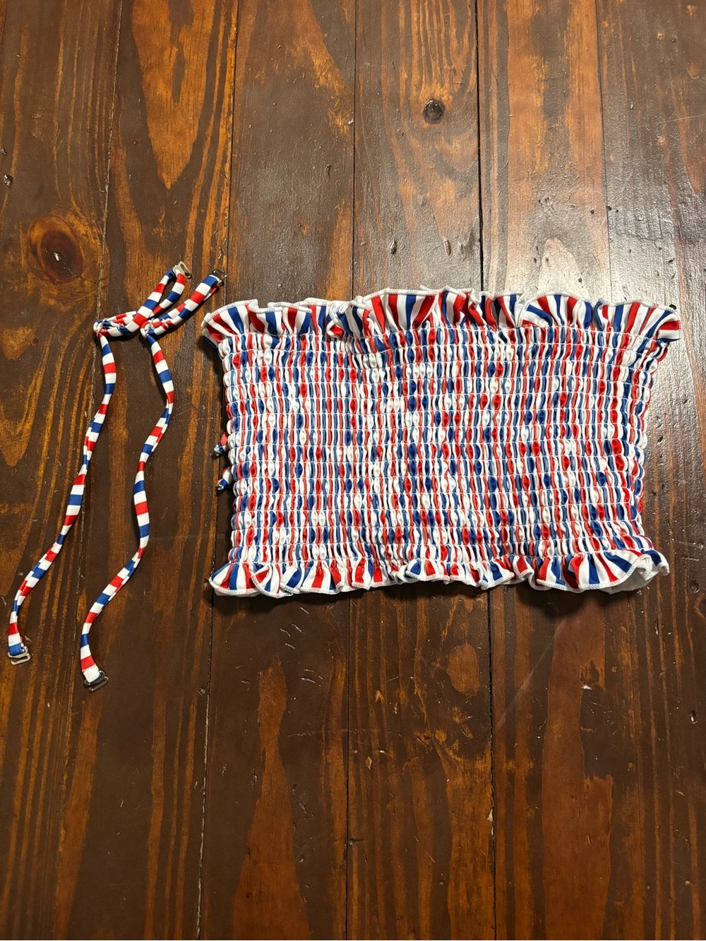 SHEIN Red White Blue Striped Smocked Bandeau Bikini Top